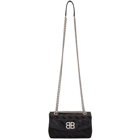 Balenciaga Satin Jacquard BB Round Shoulder Bag Black - Picture 2 of 4